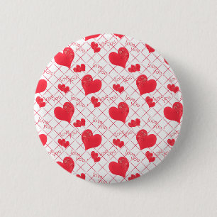 Red hearts, text, "love you", red and white . 6 cm round badge