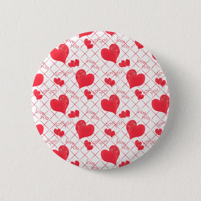 Red hearts, text, "love you", red and white . 6 cm round badge (Front)