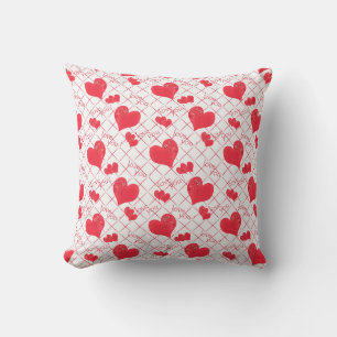 Red hearts, text, "love you", red and white . cushion