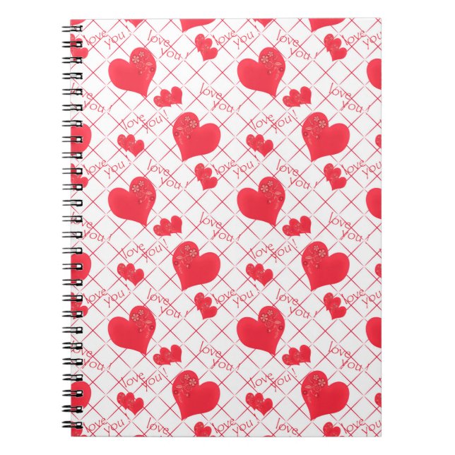 Red hearts, text, "love you", red and white . notebook (Front)