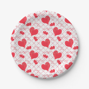 Red hearts, text, "love you", red and white . paper plate