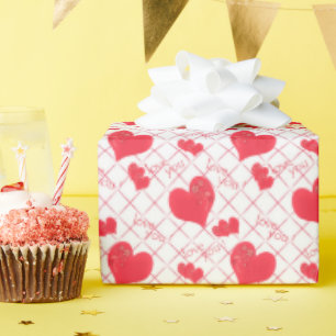 Red hearts, text, "love you", red and white . wrapping paper