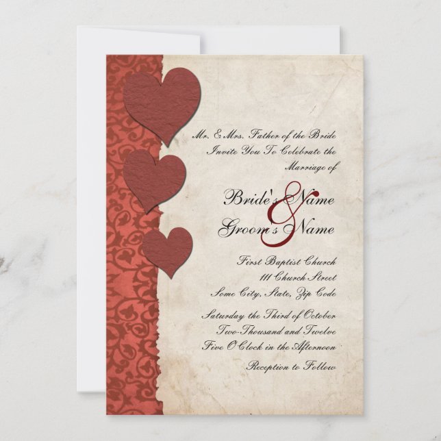 Red Hearts Torn Paper Wedding Invitation (Front)