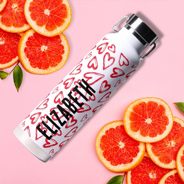 Red Hearts Water Bottle (Red hearts on white water bottle personalized with your name)