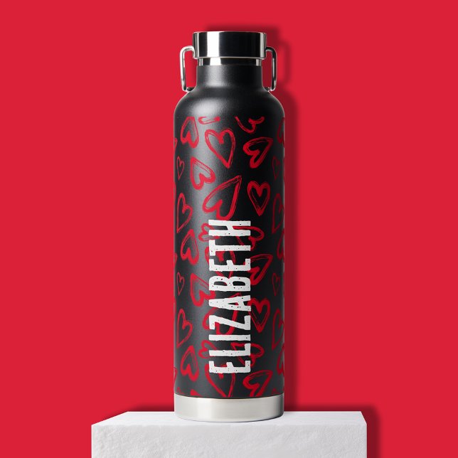 Red Hearts Water Bottle (Red hearts on black thermal insulated hot/cold personalized water bottle)