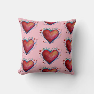 Red Hearts Watercolor Art  Throw Cushion