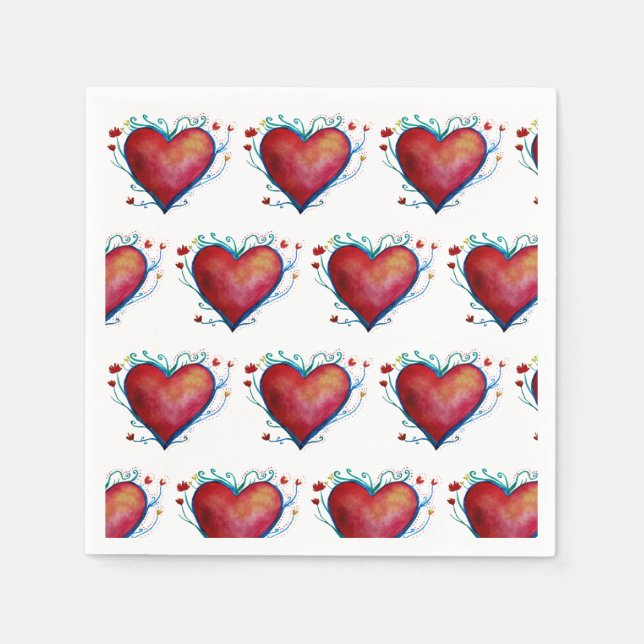 Red hearts Watercolor  Hearts Wedding  Napkins (Front)