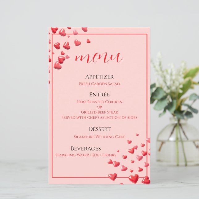 Red Hearts Wedding Menu Card (Standing Front)