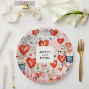 Red Hearts Whimsical Love Pattern Birthday Paper Plate
