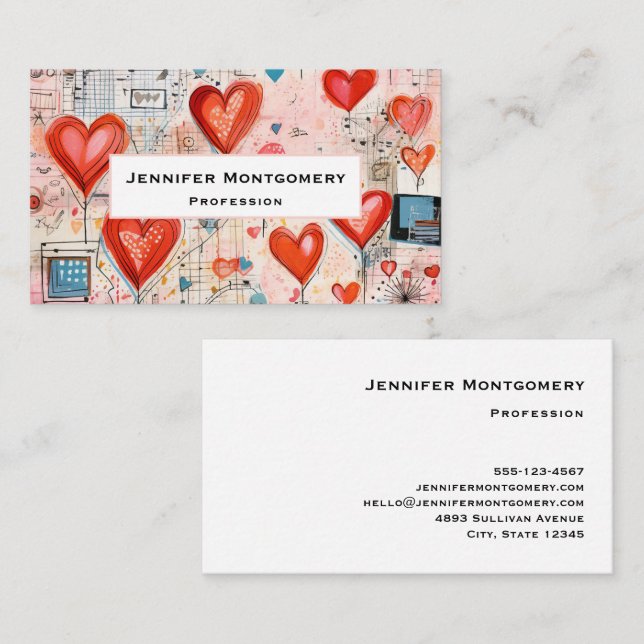 Red Hearts Whimsical Love Pattern Business Card (Front/Back)
