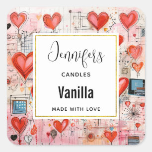 Red Hearts Whimsical Love Pattern Candle Business Square Sticker