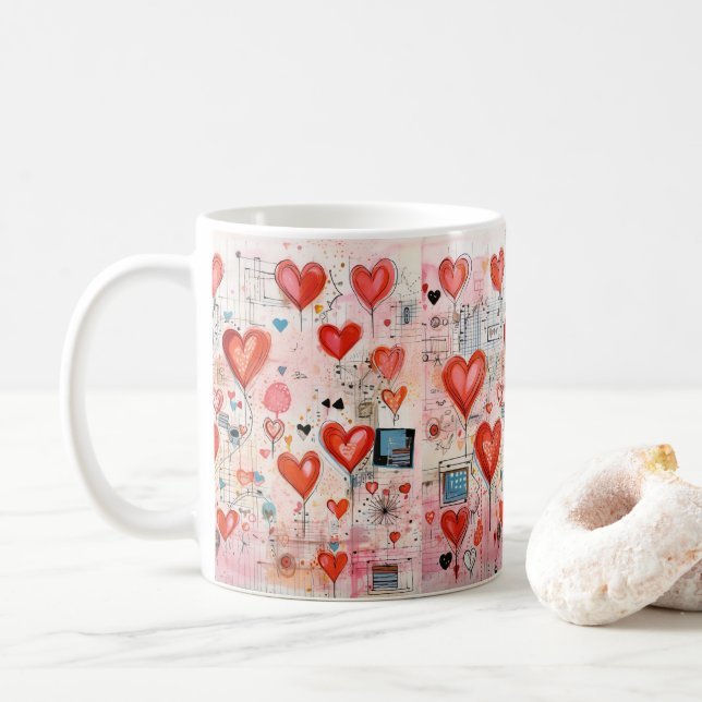 Red Hearts Whimsical Love Pattern Coffee Mug (With Donut)