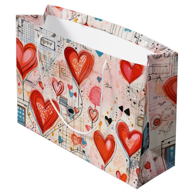 Red Hearts Whimsical Love Pattern Large Gift Bag (Back Angled)