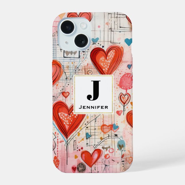 Red Hearts Whimsical Love Pattern Monogram iPhone 15 Case (Back)