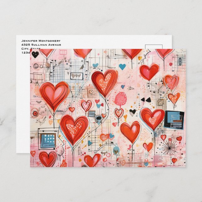Red Hearts Whimsical Love Pattern Postcard (Front/Back)
