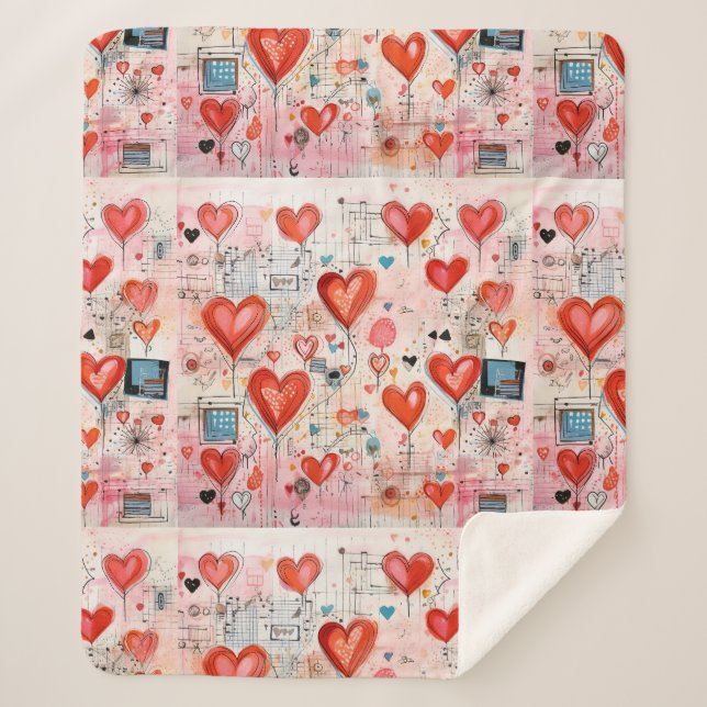 Red Hearts Whimsical Love Pattern Sherpa Blanket (Front)