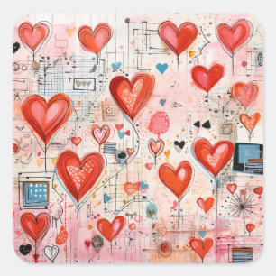 Red Hearts Whimsical Love Pattern Square Sticker