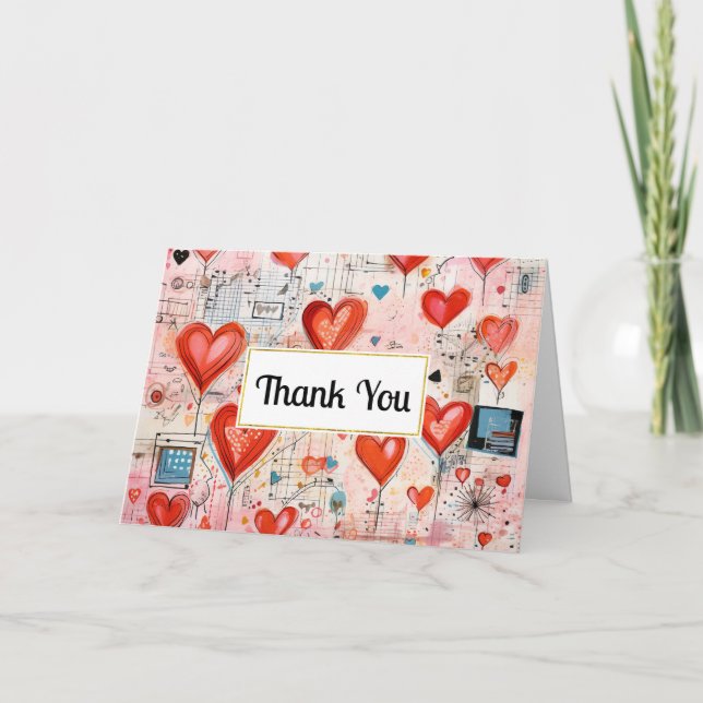 Red Hearts Whimsical Love Pattern Thank You Card (Front)