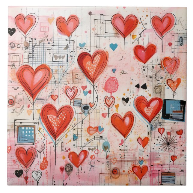 Red Hearts Whimsical Love Pattern Tile (Front)
