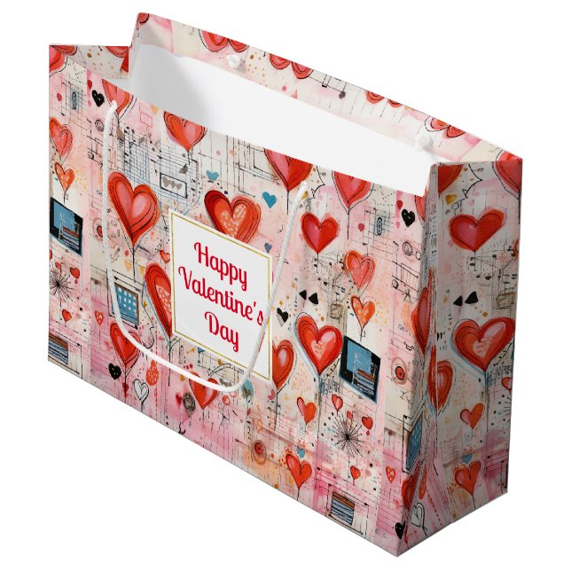 Red Hearts Whimsical Love Pattern Valentine's Day Large Gift Bag (Front Angled)