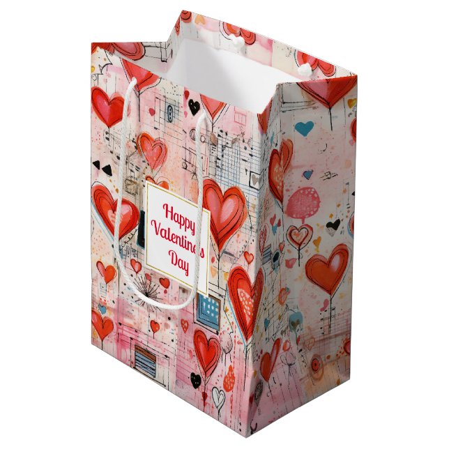 Red Hearts Whimsical Love Pattern Valentine's Day Medium Gift Bag (Front Angled)