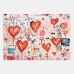 Red Hearts Whimsical Love Pattern Wrapping Paper Sheet