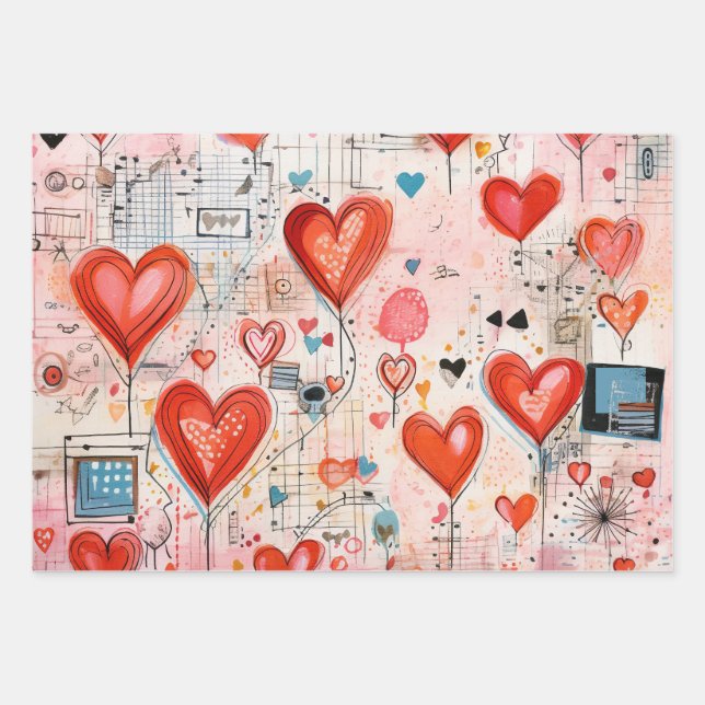 Red Hearts Whimsical Love Pattern Wrapping Paper Sheet (Front)
