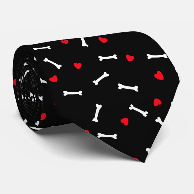 Red Hearts White Bones Dog Lover Neck Tie (Rolled)