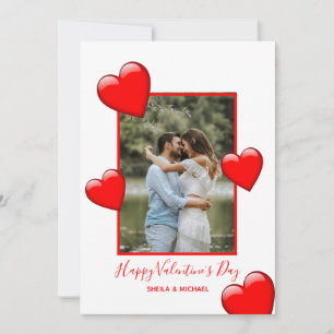 Red Hearts White Happy Valentine's Photo Holiday C Card