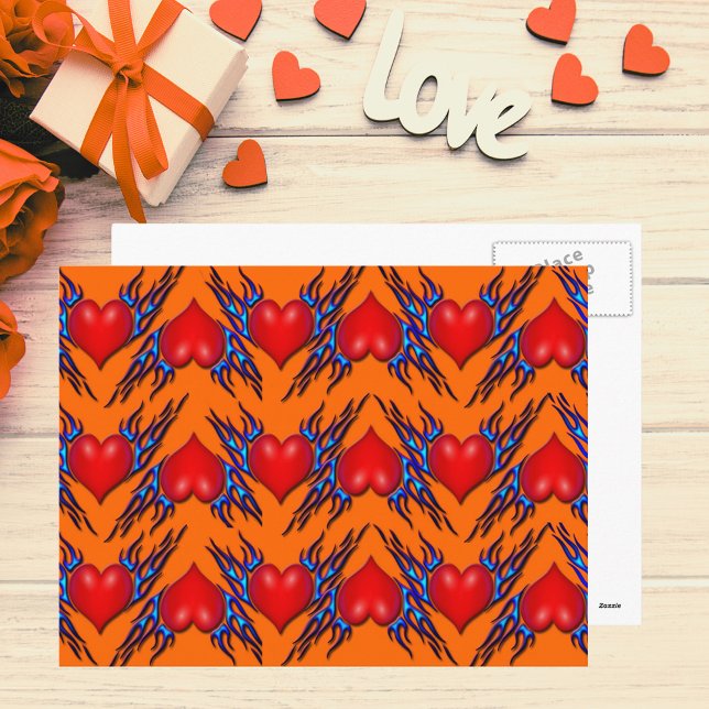 Red Hearts with Blue Flame in Pattern Postcard (Red Hearts with Blue Flame in Pattern Postcard)