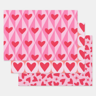 Red Hearts with dimaonds and retro atomic Stars  Wrapping Paper Sheet