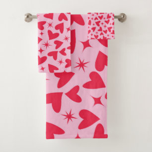 Red Hearts with Retro Starbursts on Pink Bath Towel Set