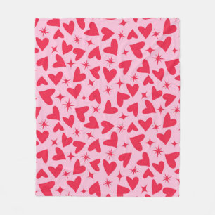 Red Hearts with Retro Starbursts on Pink Fleece Blanket
