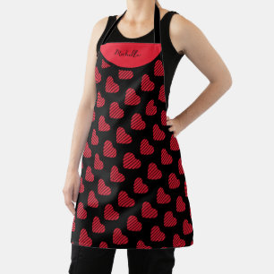 Red Hearts With Stripes Pattern On Black Apron