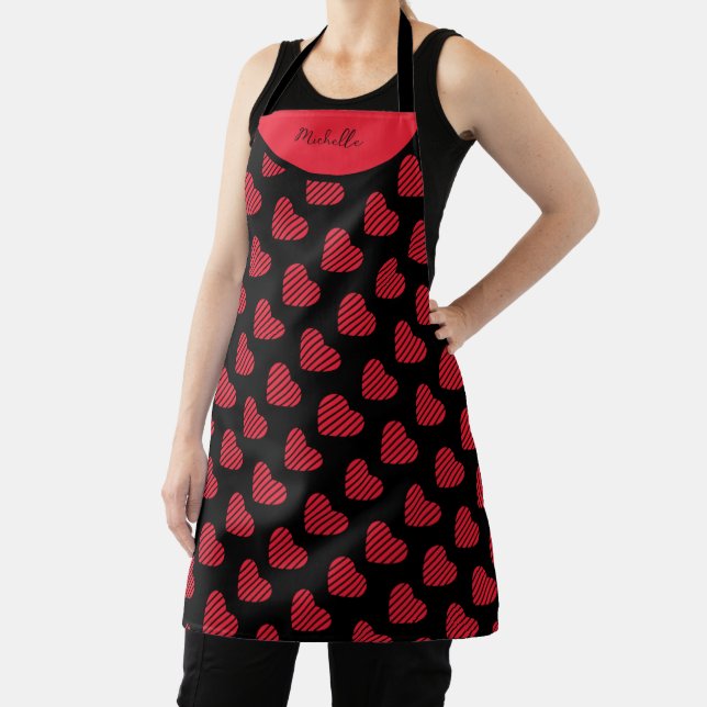 Red Hearts With Stripes Pattern On Black Apron (Insitu)