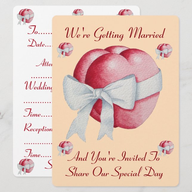 red hearts with white bow for weddings invite (Front/Back)