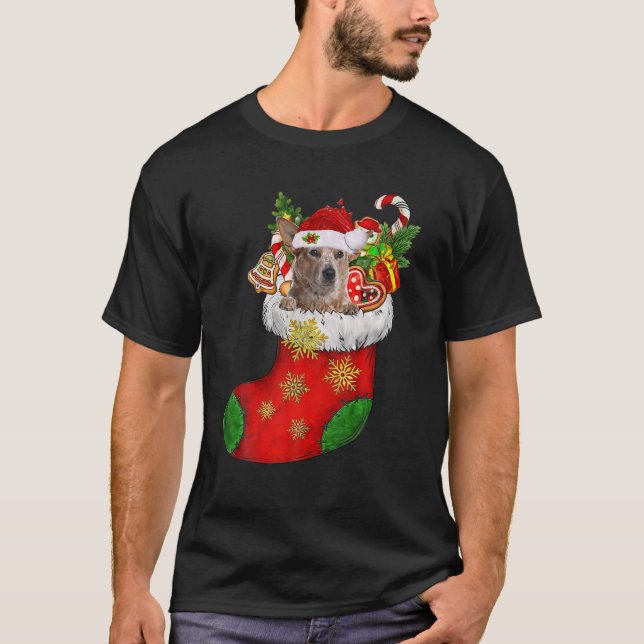 RED Heeler In Sock Christmas Santa Hat Xmas Dog Lo T-Shirt (Front)