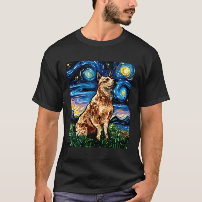 Red Heeler Starry Night Cattle Dog Colourful Art B T-Shirt (Front)