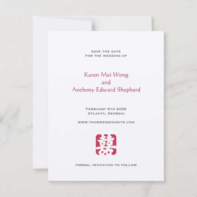 Red hei Asian wedding save the date announcement (Front)