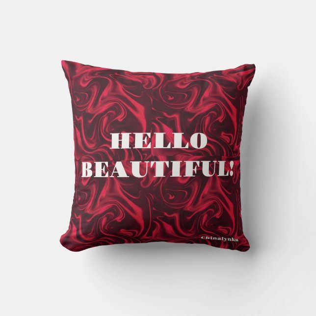 Red Hello Beautiful Throw Pillow (Front)