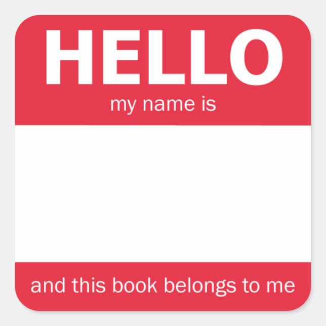Red "Hello" Name Badge Bookplate Square Sticker (Front)
