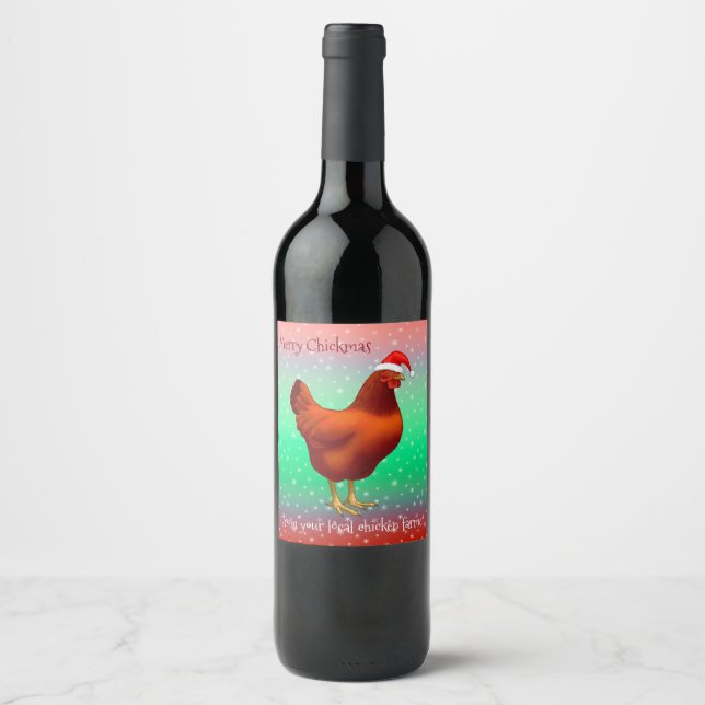 Red Hen in Santa Hat Merry Chickmas Wine Label (Front)