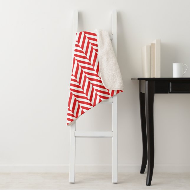 Red Herringbone Chevron Pattern Sherpa Blanket (In Situ)