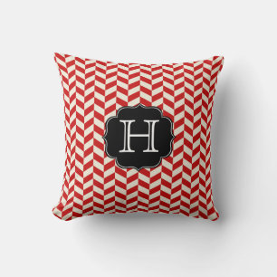 Red Herringbone Chevron Pattern with Monogram Cushion