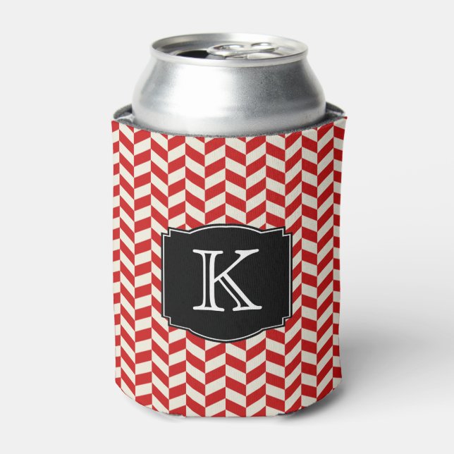 Red Herringbone Chevrons Pattern with Monogram Can Cooler (Can Front)