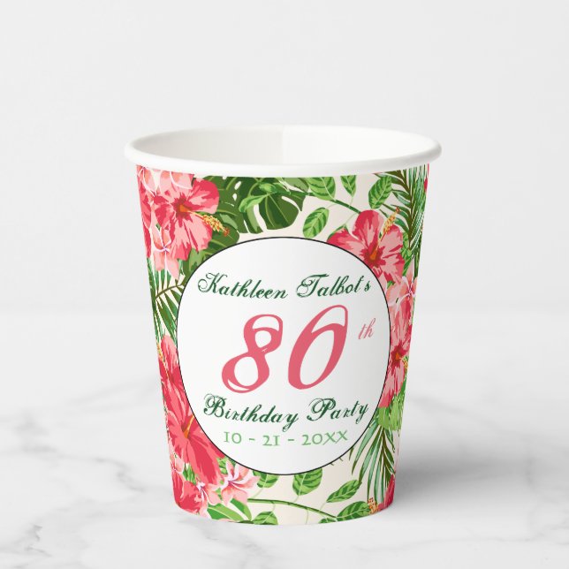 Red Hibiscus 80th Birthday Party Paper Cup (Left)