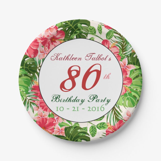 Red Hibiscus 80th Birthday Party Paper Plate (Front)