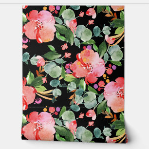 Red Hibiscus Eucalyptus Greenery on Black Wallpaper