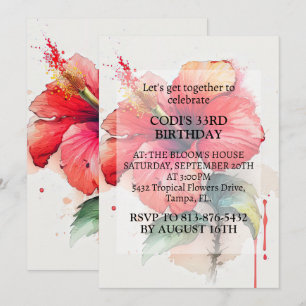 Red Hibiscus Flower Art Birthday Party Invitation