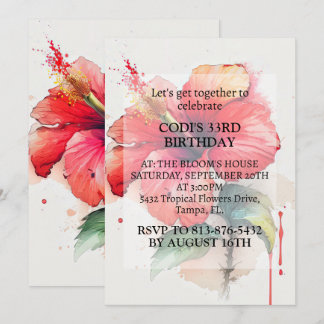 Red Hibiscus Flower Art Birthday Party Invitation